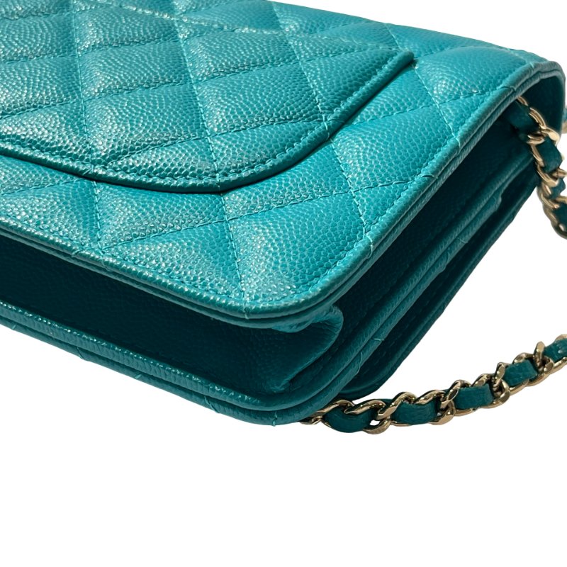 Used CHANEL Calfskin Leather WOC Cross Body Bag Green GHW-2