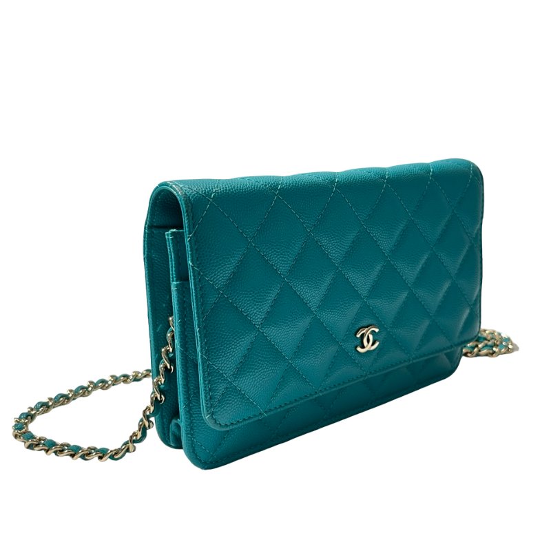 Used CHANEL Calfskin Leather WOC Cross Body Bag Green GHW-3
