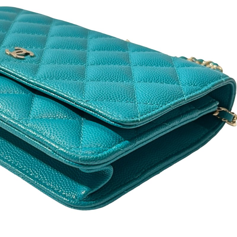Used CHANEL Calfskin Leather WOC Cross Body Bag Green GHW-6