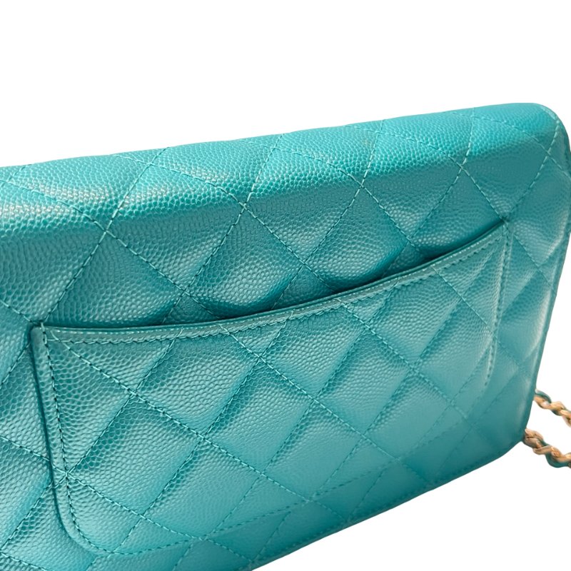 Used CHANEL Calfskin Leather WOC Cross Body Bag Green GHW-7