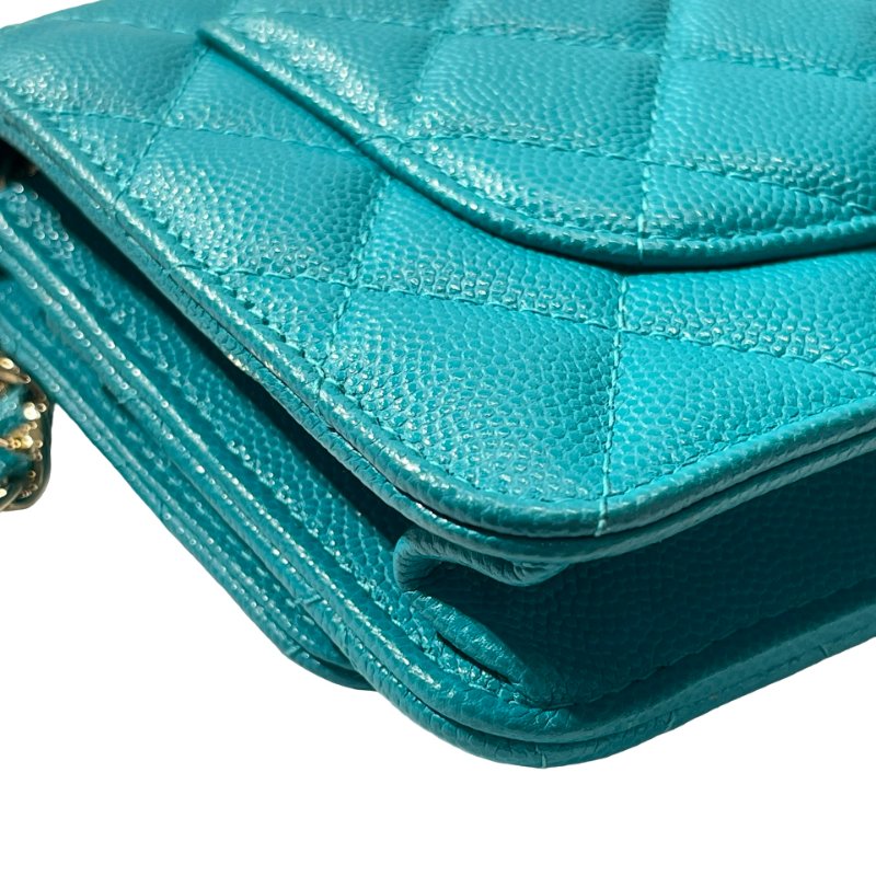 Used CHANEL Calfskin Leather WOC Cross Body Bag Green GHW-11