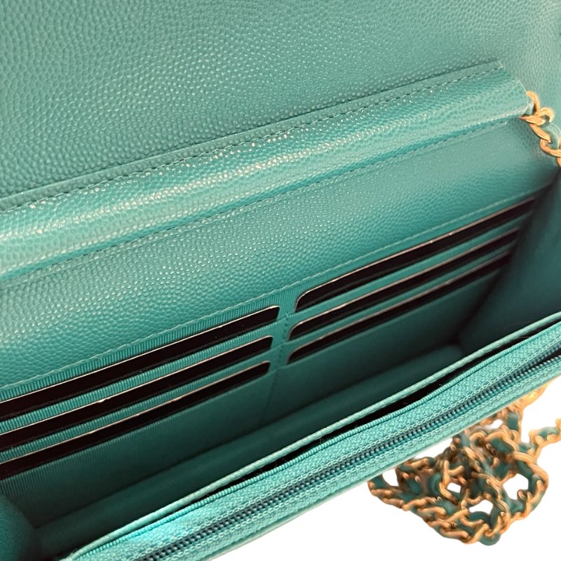 Used CHANEL Calfskin Leather WOC Cross Body Bag Green GHW-12