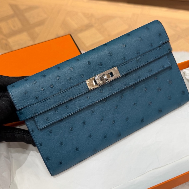 Hermes • Kelly Long 深邃藍鴕鳥皮銀釦長夾 附盒-1