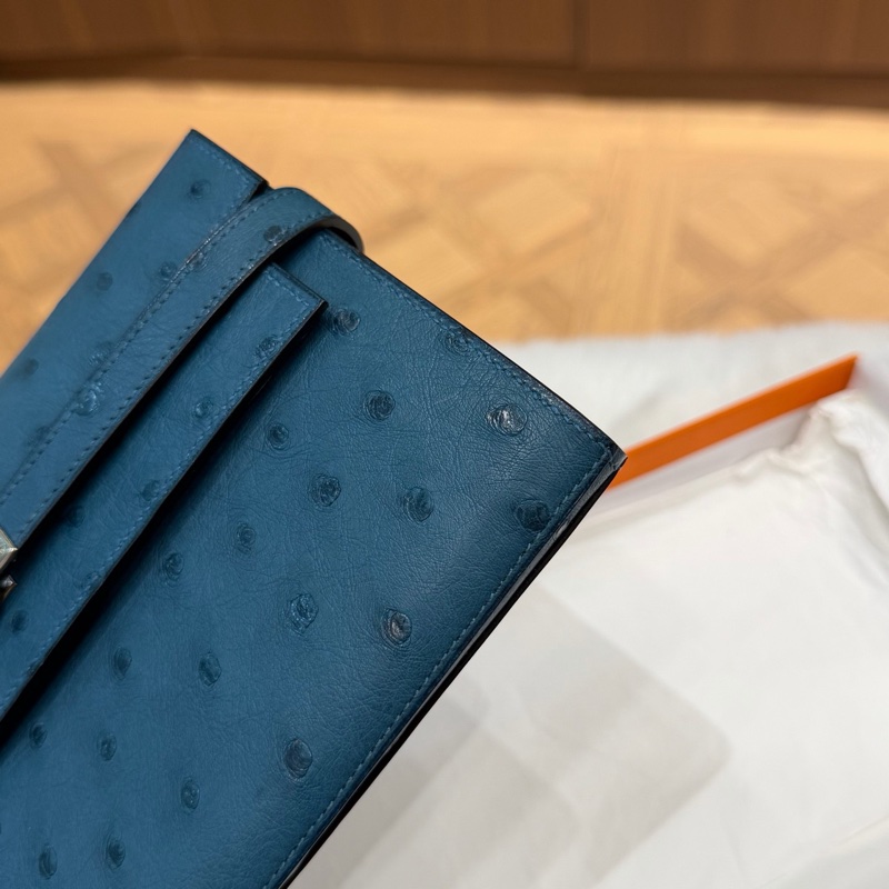 Hermes • Kelly Long 深邃藍鴕鳥皮銀釦長夾 附盒-2