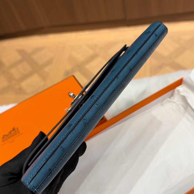 Hermes • Kelly Long 深邃藍鴕鳥皮銀釦長夾 附盒-4