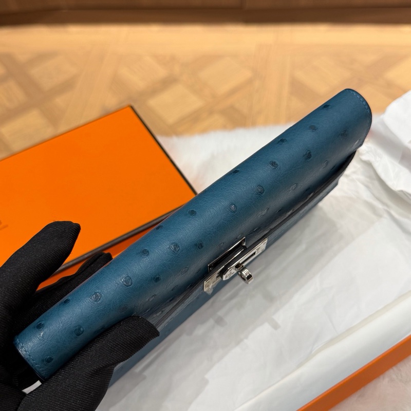 Hermes • Kelly Long 深邃藍鴕鳥皮銀釦長夾 附盒-5