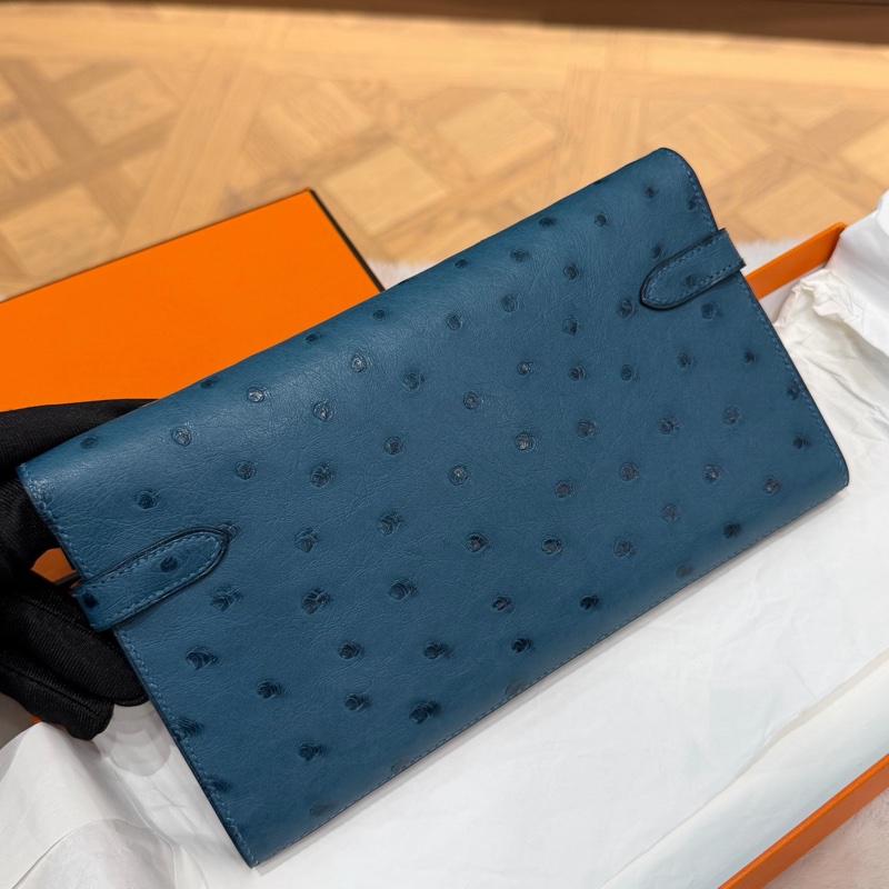 Hermes • Kelly Long 深邃藍鴕鳥皮銀釦長夾 附盒-7