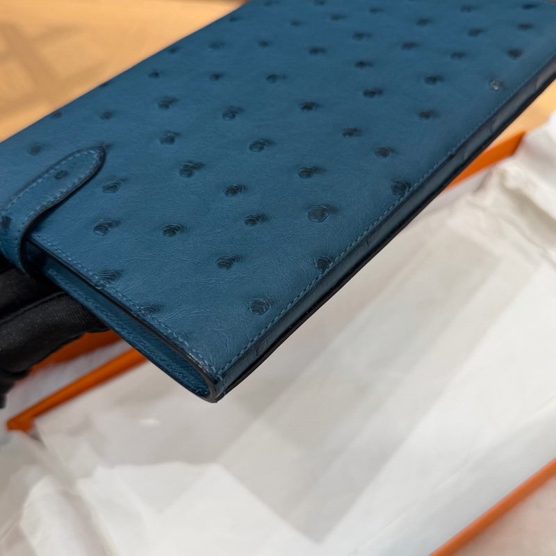 Hermes • Kelly Long 深邃藍鴕鳥皮銀釦長夾 附盒-9