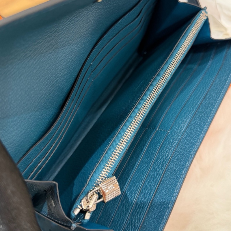 Hermes • Kelly Long 深邃藍鴕鳥皮銀釦長夾 附盒-10