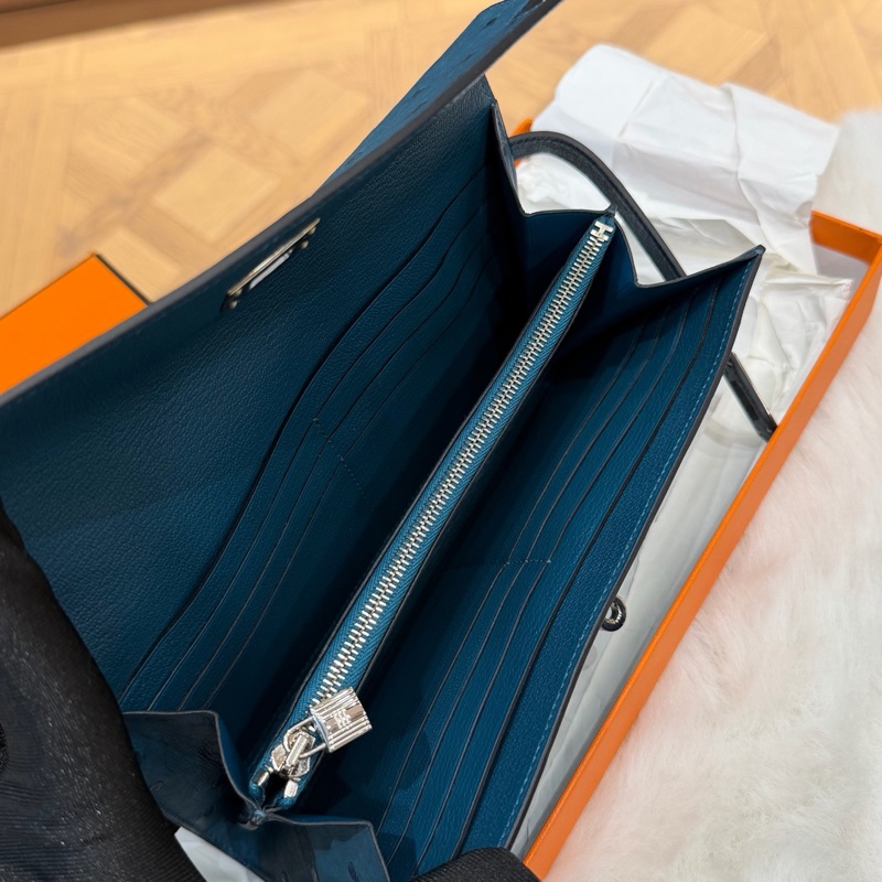 Hermes • Kelly Long 深邃藍鴕鳥皮銀釦長夾 附盒-12