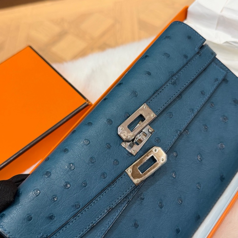 Hermes • Kelly Long 深邃藍鴕鳥皮銀釦長夾 附盒-14