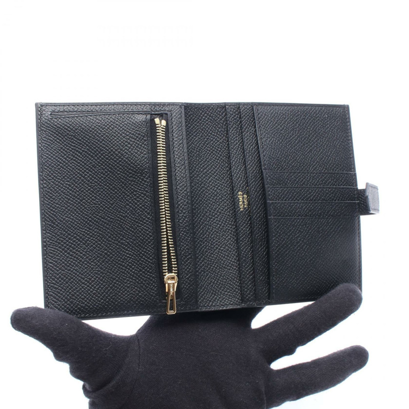 愛馬仕 BEARN 小型雙折皮夾，Epsom 皮革，黑色，金色五金，二手，女士款-2