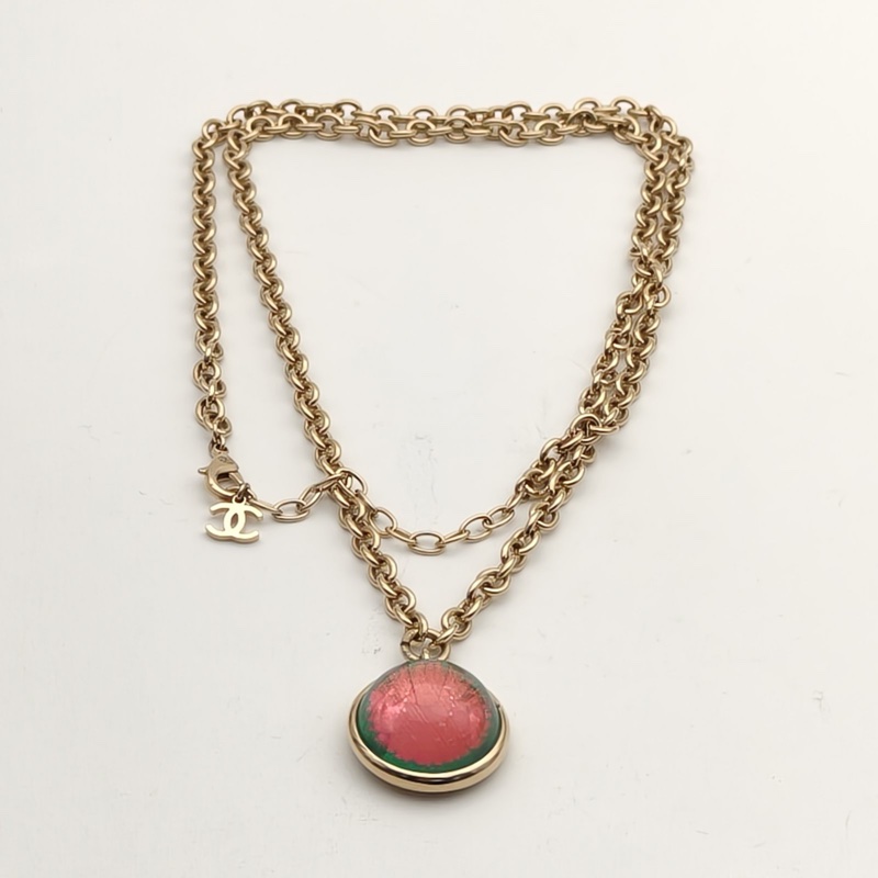 CHANEL 合金22A貓眼圓形雙Clogo項鏈毛衣鏈-4