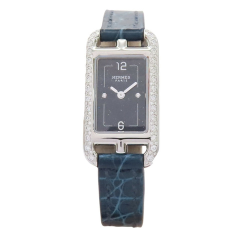 黑色錶盤 深藍色皮帶 不鏽鋼 鑽框 Nantucket 腕錶【HERMES 愛馬仕】 NA2.133