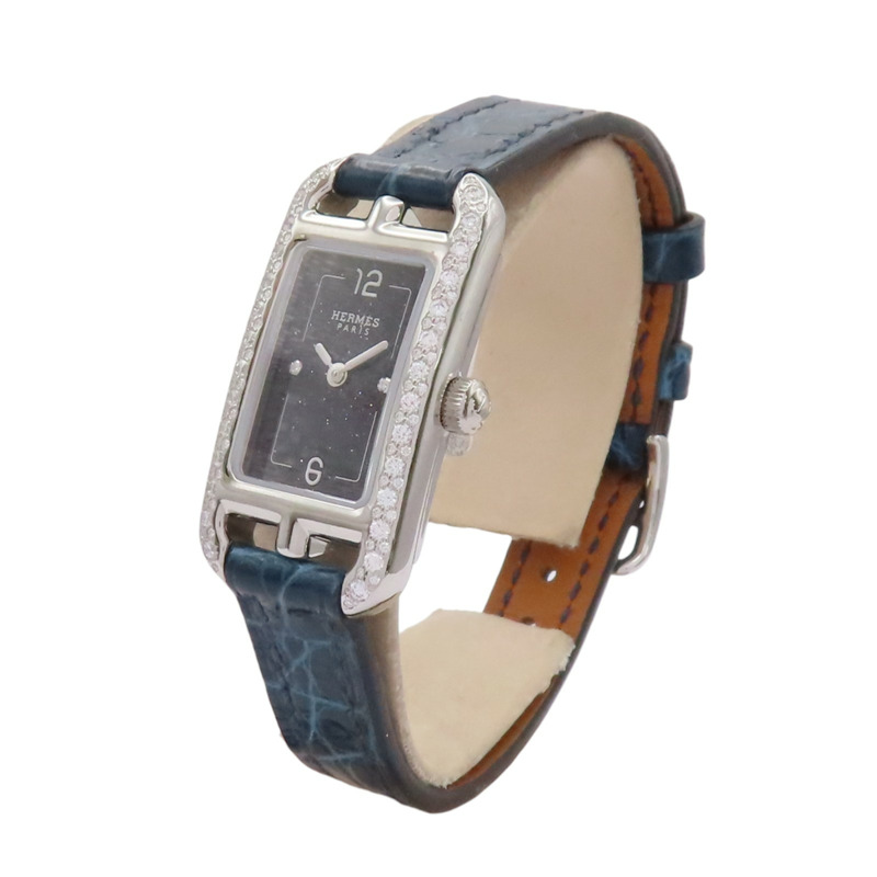 黑色錶盤 深藍色皮帶 不鏽鋼 鑽框 Nantucket 腕錶【HERMES 愛馬仕】 NA2.133-1