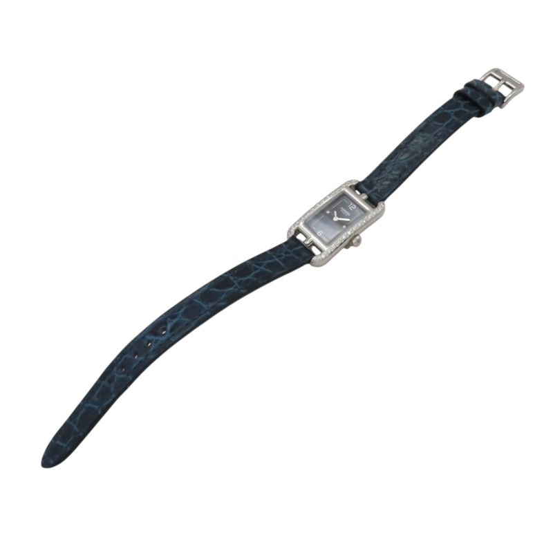 黑色錶盤 深藍色皮帶 不鏽鋼 鑽框 Nantucket 腕錶【HERMES 愛馬仕】 NA2.133-7