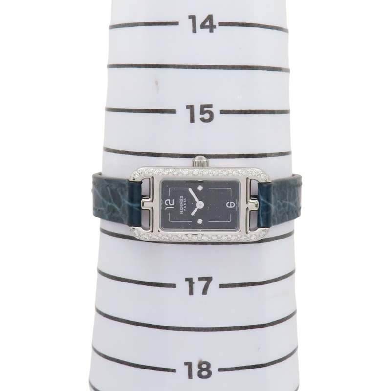 黑色錶盤 深藍色皮帶 不鏽鋼 鑽框 Nantucket 腕錶【HERMES 愛馬仕】 NA2.133-9