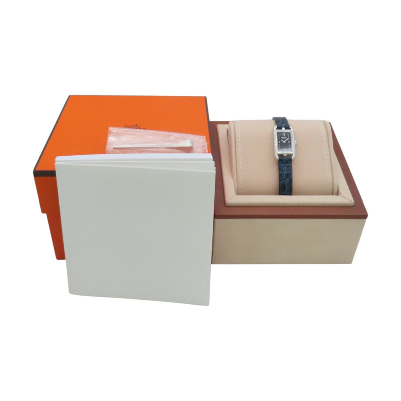 黑色錶盤 深藍色皮帶 不鏽鋼 鑽框 Nantucket 腕錶【HERMES 愛馬仕】 NA2.133-10