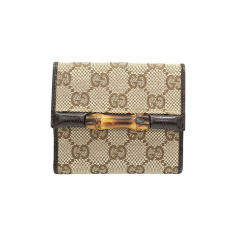 棕色 帆布 雙折短夾 銀扣 112533【GUCCI 古馳】 112533