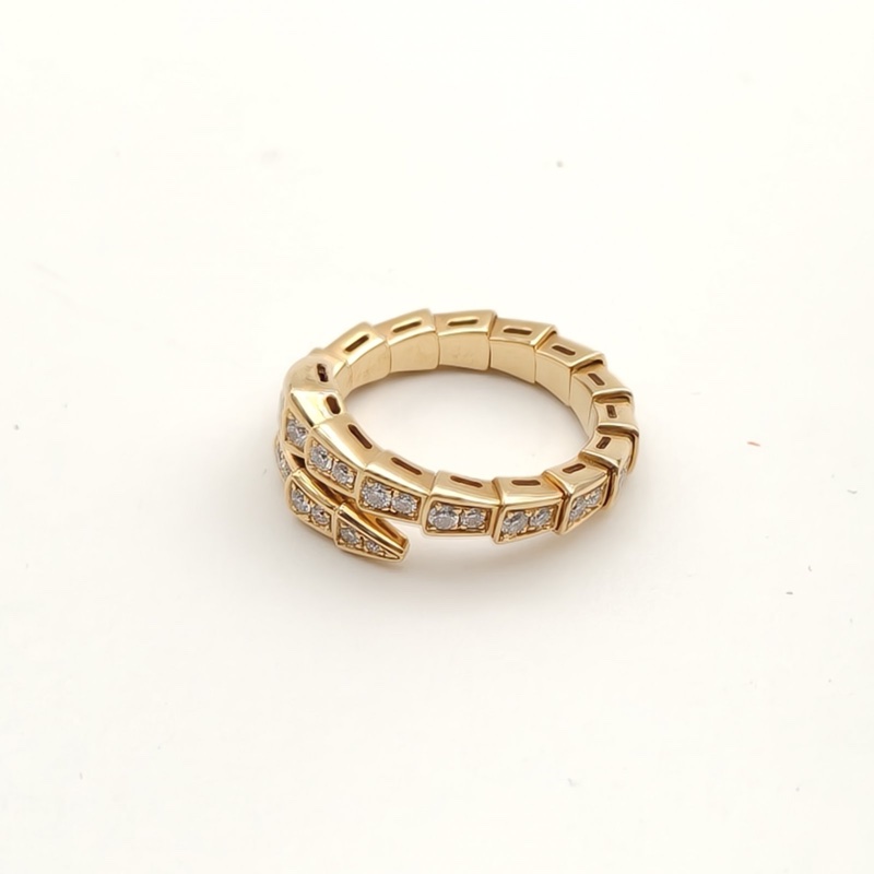 BVLGARI Serpenti滿鑽窄版單排鑽蛇形戒指18K黃金/鑽石L-2