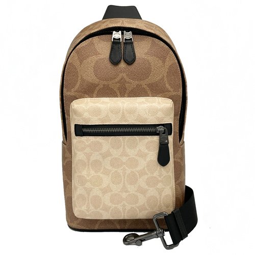 【COACH】前拉鏈男款單肩胸前斜背包(焦糖/米白)-0