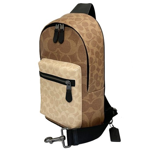 【COACH】前拉鏈男款單肩胸前斜背包(焦糖/米白)-1