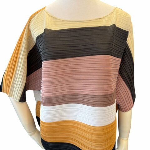 PLEATS PLEASE拚色橫條燈籠上衣