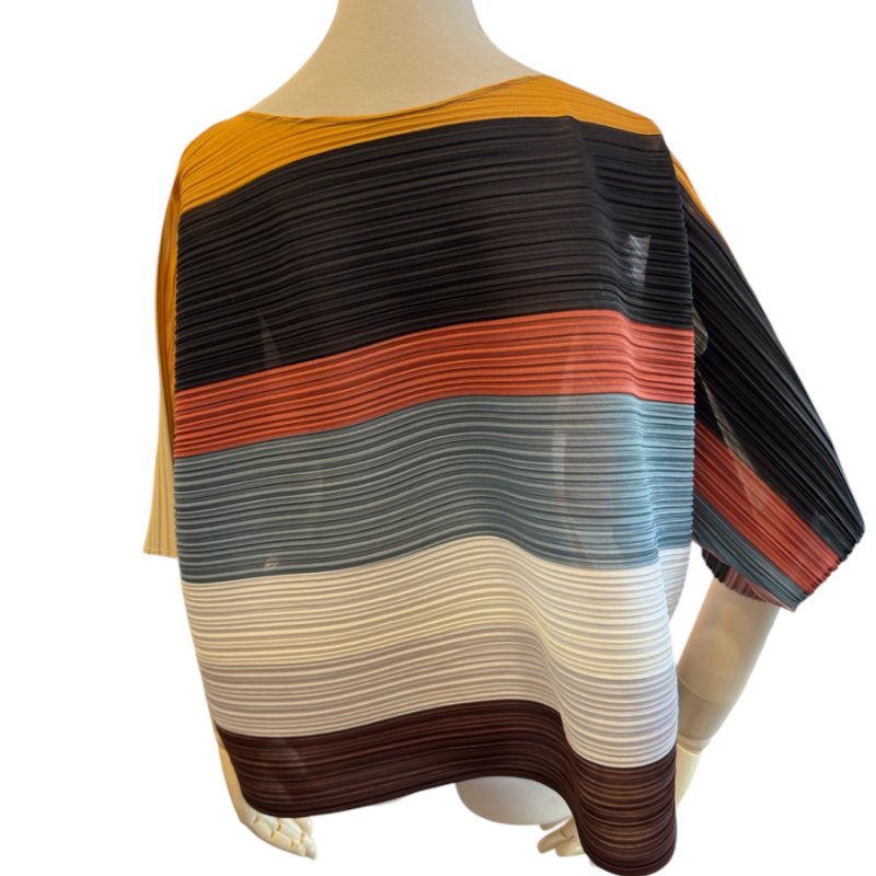 PLEATS PLEASE拚色橫條燈籠上衣-1