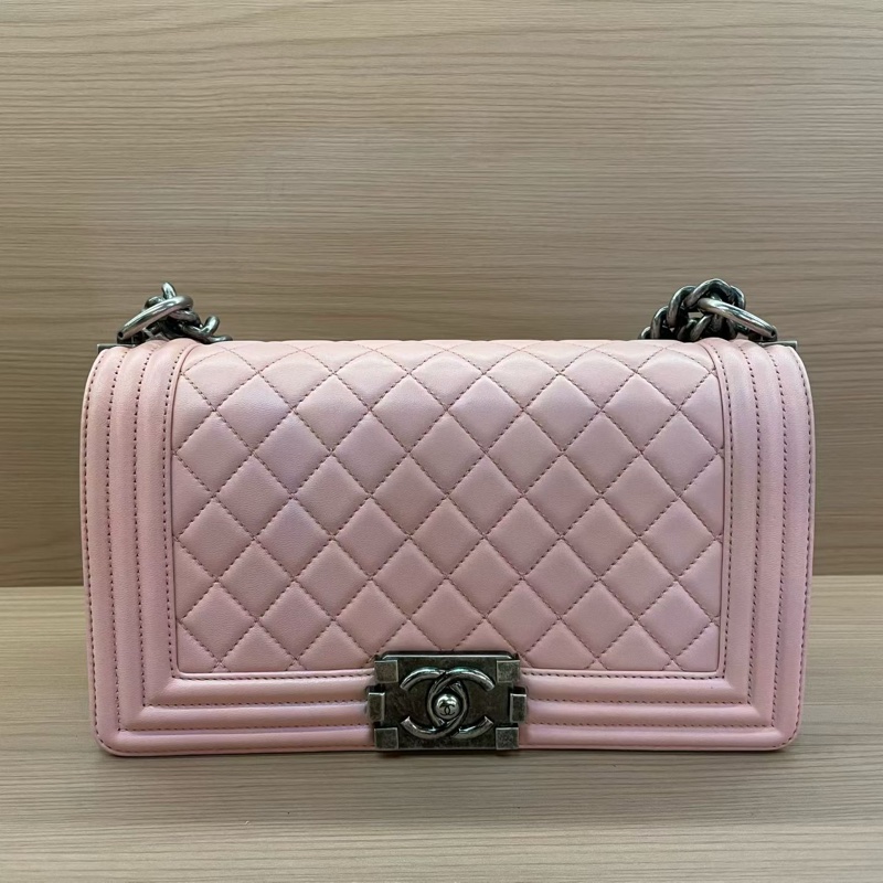 Chanel  LEBOY 淺粉色牛皮 中號 2015年 20開 手提單肩鏈條包 有塵袋 無卡無盒子尺寸底長25*高14*寬8*-0