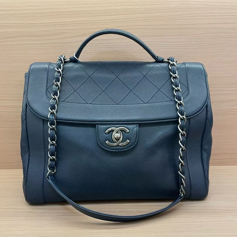 Chanel 郵差包 藍灰荔枝皮 中號 2015年 20開 手提單肩鏈條包 有塵袋 無卡無盒子 尺寸底長30*高25*寬14*-0