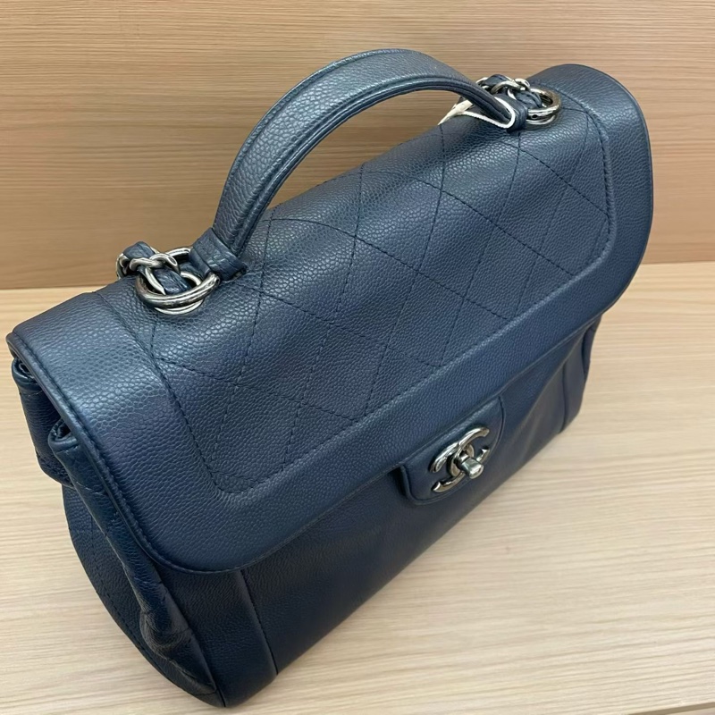 Chanel 郵差包 藍灰荔枝皮 中號 2015年 20開 手提單肩鏈條包 有塵袋 無卡無盒子 尺寸底長30*高25*寬14*-4