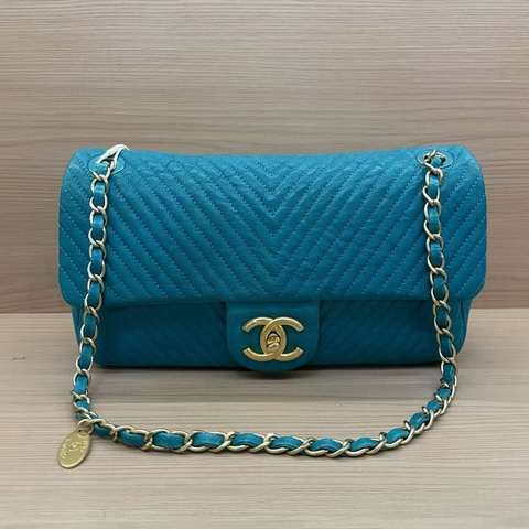 Chanel香奈儿 CF中号 蓝色金链 V纹牛皮 20開 單肩斜挎鏈條包 有塵袋 無卡無盒子尺寸底長26*高15*寬6*