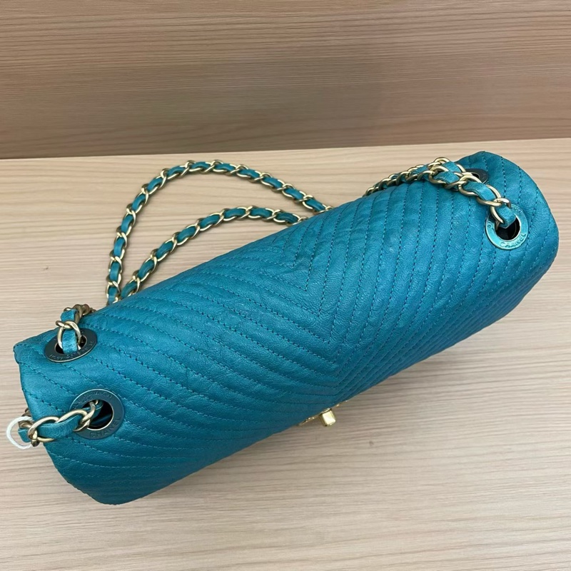 Chanel香奈儿 CF中号 蓝色金链 V纹牛皮 20開 單肩斜挎鏈條包 有塵袋 無卡無盒子尺寸底長26*高15*寬6*-4