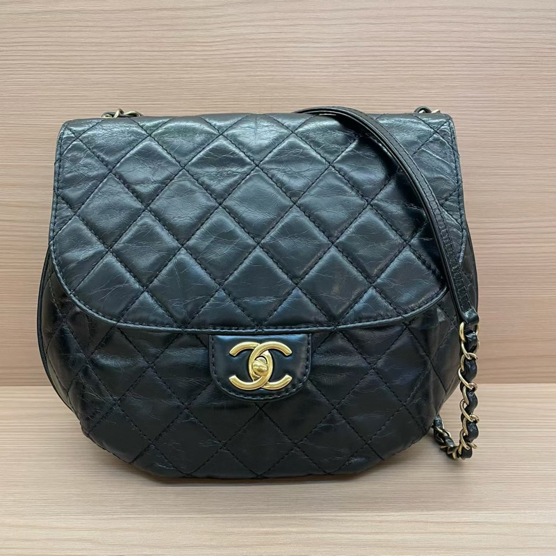 CHANEL香奈儿 黑色油蜡皮菱格纹 斜挎南瓜包 2015年 20開 有塵袋 無卡無盒子 尺寸32*23-0