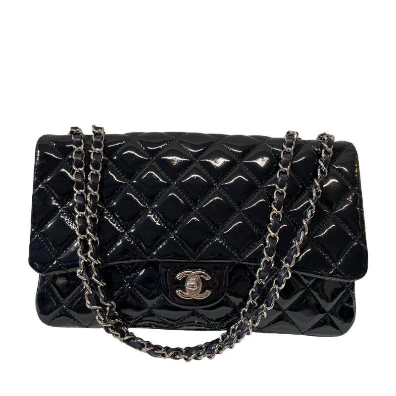 Used CHANEL Patent Leather FLAP Shoulder Bag Black PHW-0