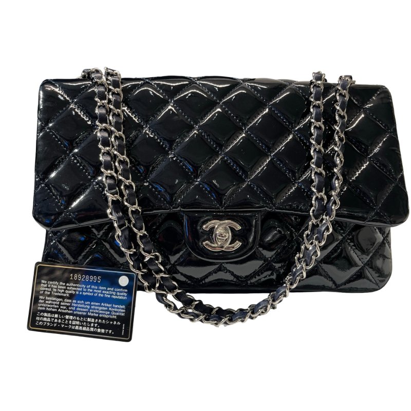 Used CHANEL Patent Leather FLAP Shoulder Bag Black PHW-2