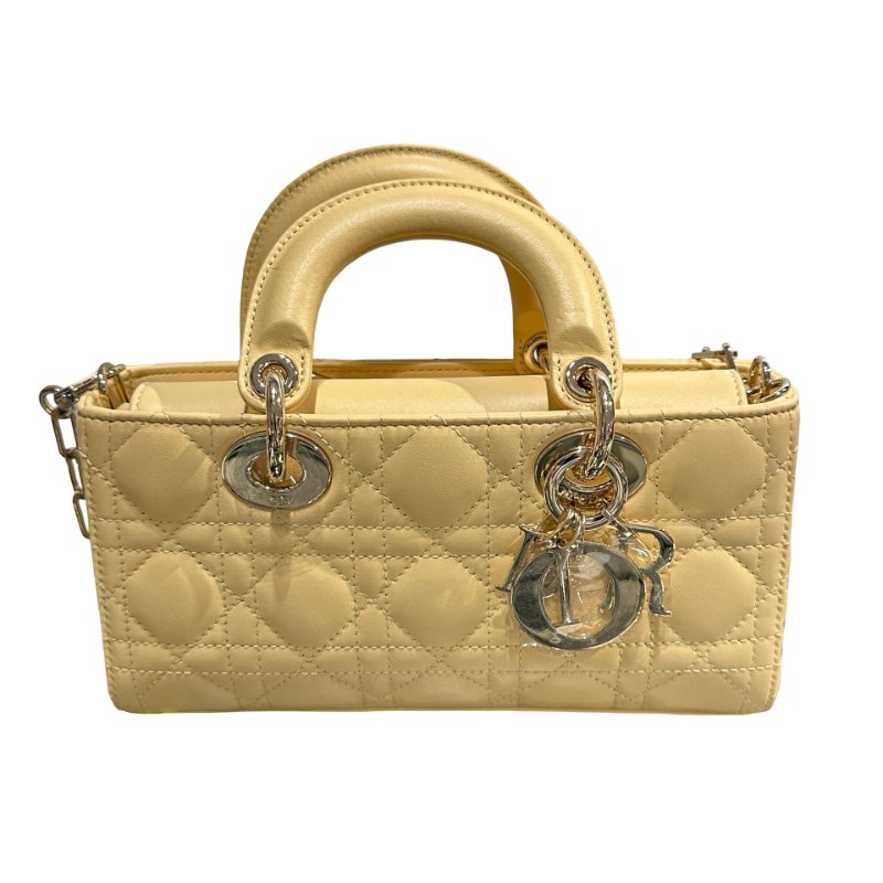 Used DIOR Lambskin Leather LADY D-JOY MINI Two Way Shoulder Bag Yellow PHW-0