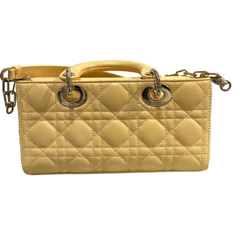 Used DIOR Lambskin Leather LADY D-JOY MINI Two Way Shoulder Bag Yellow PHW-1