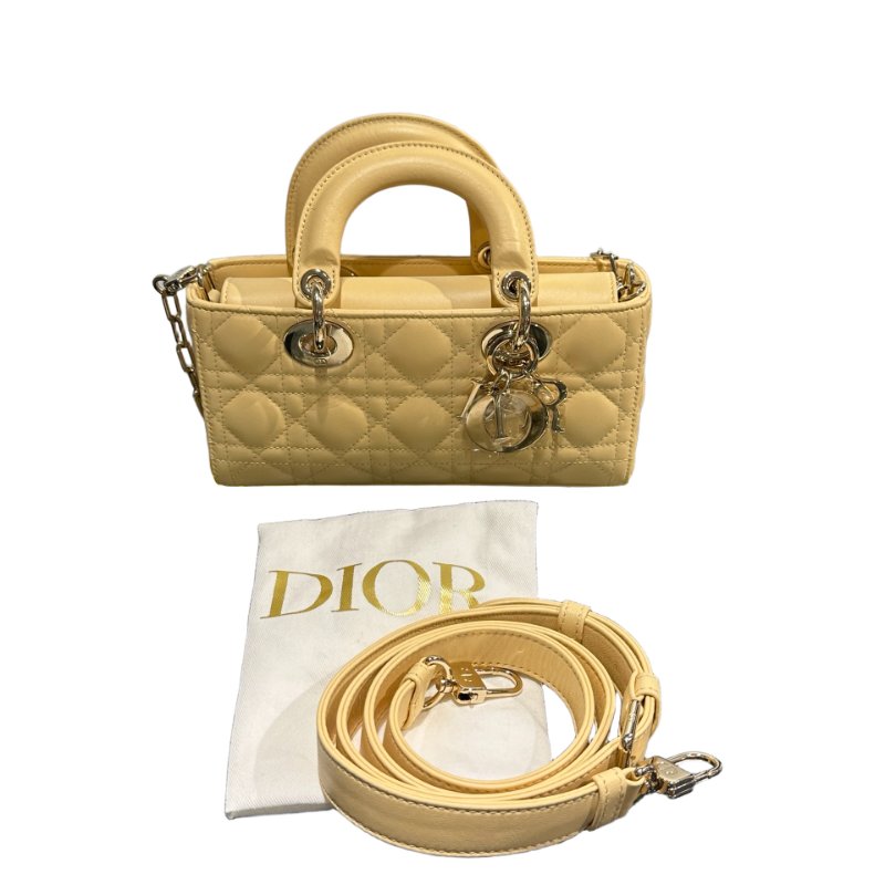 Used DIOR Lambskin Leather LADY D-JOY MINI Two Way Shoulder Bag Yellow PHW-2