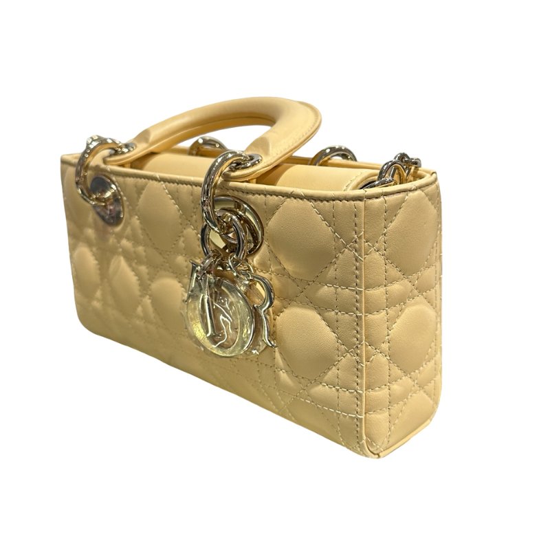 Used DIOR Lambskin Leather LADY D-JOY MINI Two Way Shoulder Bag Yellow PHW-3