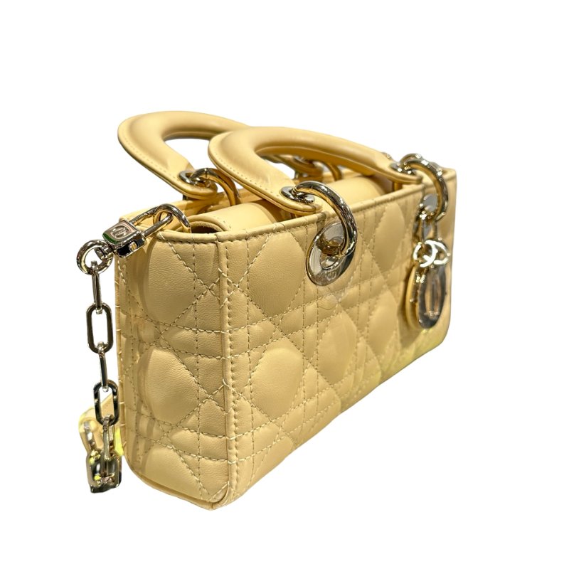 Used DIOR Lambskin Leather LADY D-JOY MINI Two Way Shoulder Bag Yellow PHW-4