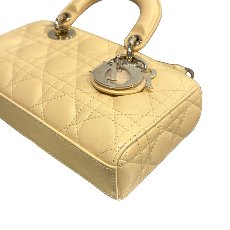 Used DIOR Lambskin Leather LADY D-JOY MINI Two Way Shoulder Bag Yellow PHW-7