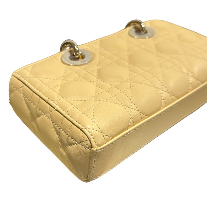 Used DIOR Lambskin Leather LADY D-JOY MINI Two Way Shoulder Bag Yellow PHW-8