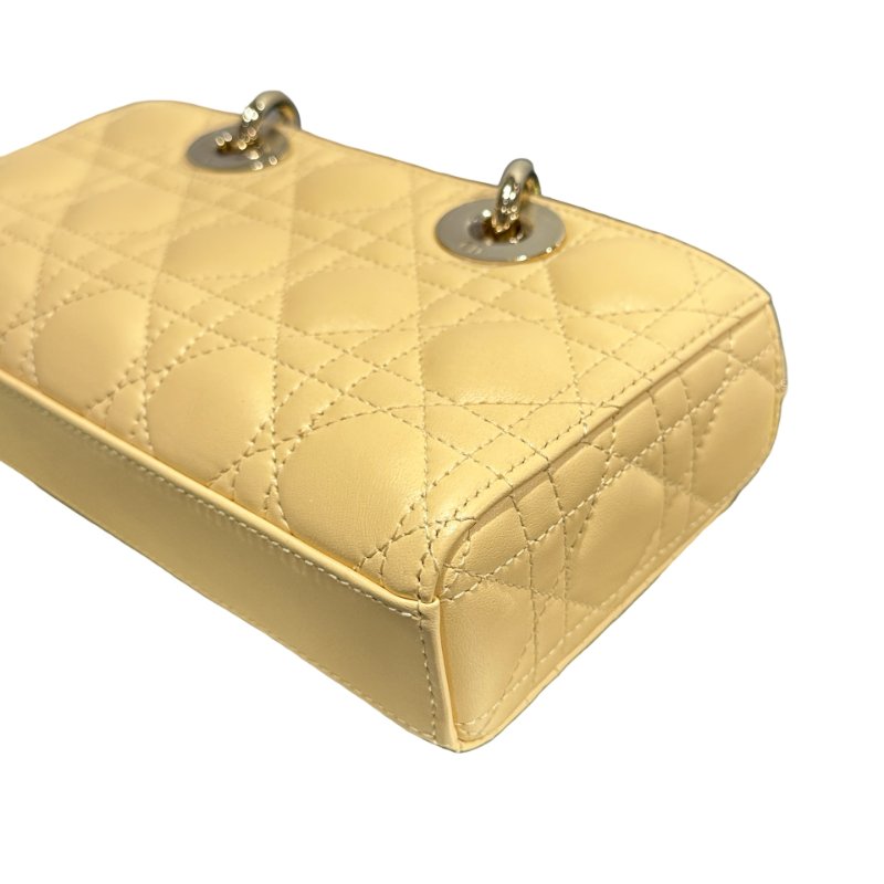 Used DIOR Lambskin Leather LADY D-JOY MINI Two Way Shoulder Bag Yellow PHW-9