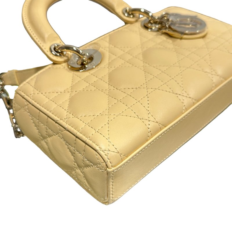 Used DIOR Lambskin Leather LADY D-JOY MINI Two Way Shoulder Bag Yellow PHW-10