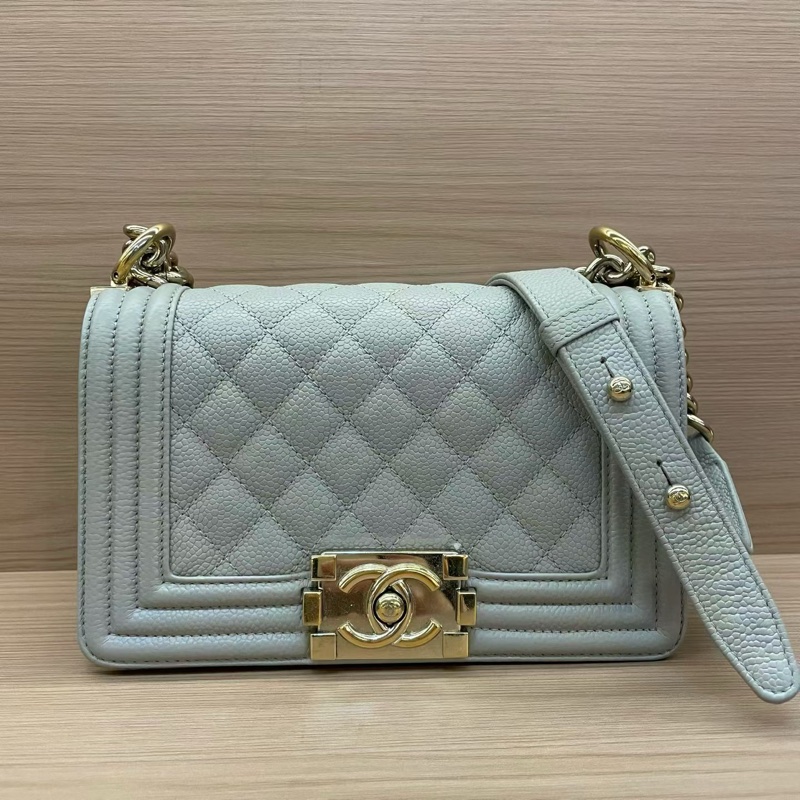 CHANEL灰色荔枝皮Leboy小號 2019年 28開 單肩斜挎鏈條包 有塵袋 無卡無盒子 尺寸底長20*高12*寬7*-0