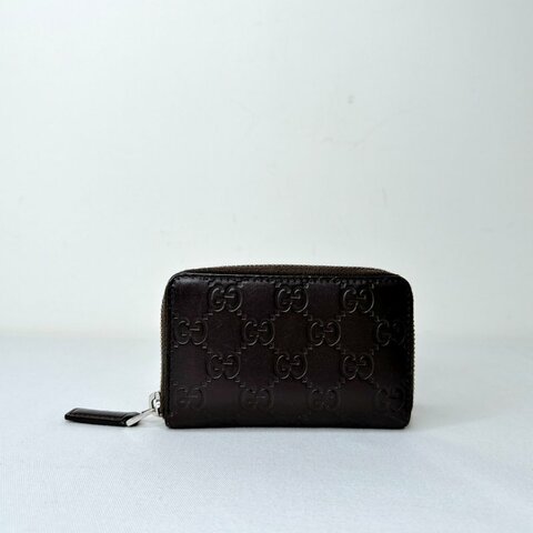 GUCCI 深棕雙G皮革壓紋拉鍊卡包