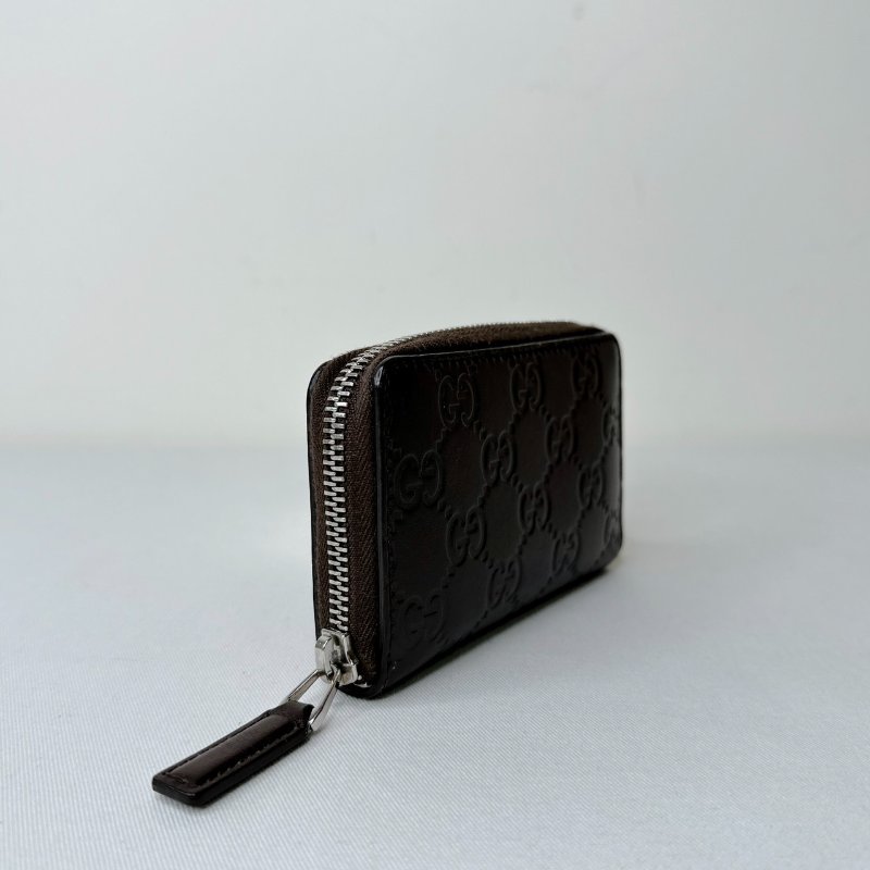 GUCCI 深棕雙G皮革壓紋拉鍊卡包-3