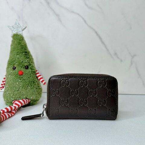 GUCCI 深咖雙G皮革壓花拉鍊卡包
