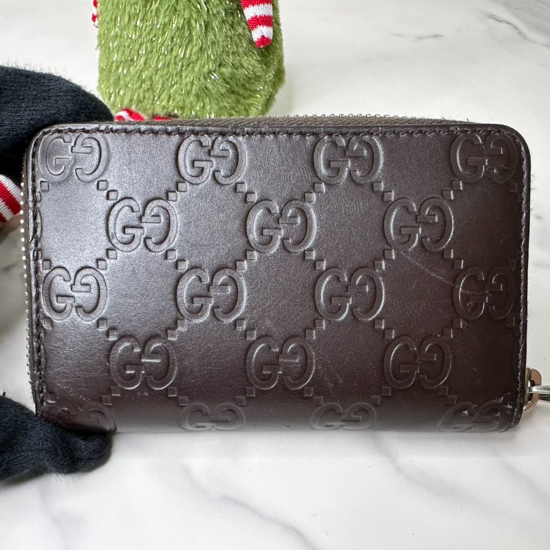 GUCCI 深咖雙G皮革壓花拉鍊卡包-7